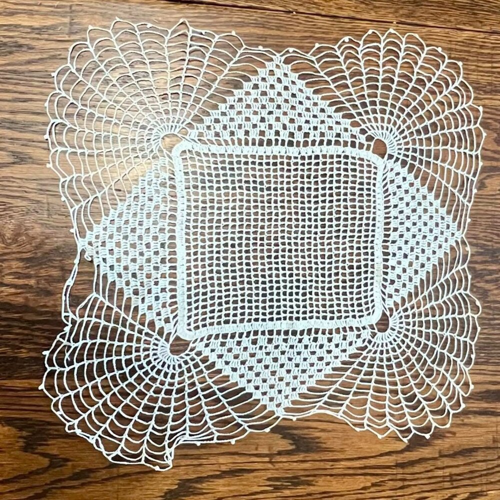 Vintage White Hand Crochet Cotton Thread Doily 15" Square